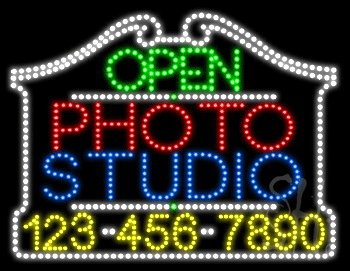 Photo Studio Open with Phone Number Animated LED Sign