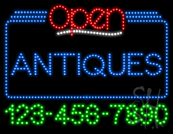 Antiques Open with Phone Number Animated LED Sign