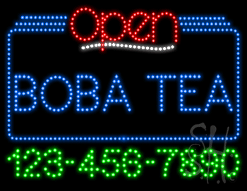 Boba Tea Open with Phone Number Animated LED Sign