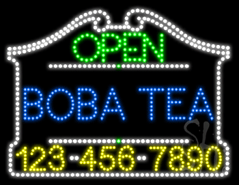 Boba Tea Open with Phone Number Animated LED Sign
