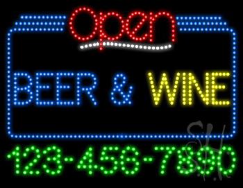 Beer Wine Open with Phone Number Animated LED Sign