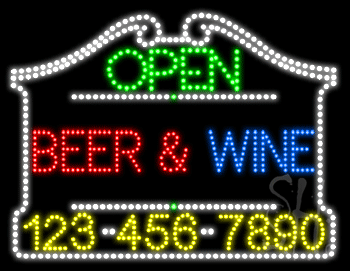Beer Wine Open with Phone Number Animated LED Sign