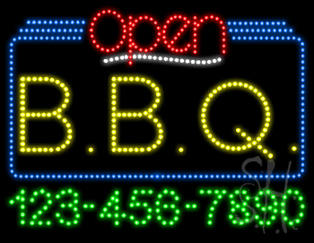 B B Q Open with Phone Number Animated LED Sign