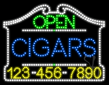 Cigars Open with Phone Number Animated LED Sign