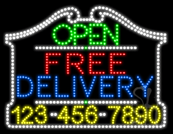 Free Delivery Open with Phone Number Animated LED Sign