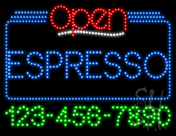 Espresso Open with Phone Number Animated LED Sign