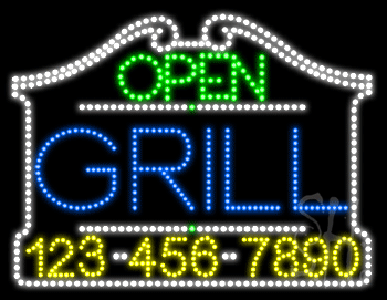 Grill Open with Phone Number Animated LED Sign