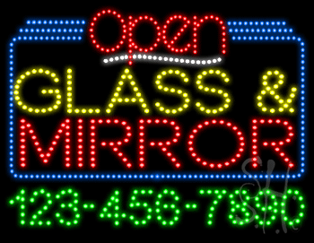 Glass Mirror Open with Phone Number Animated LED Sign